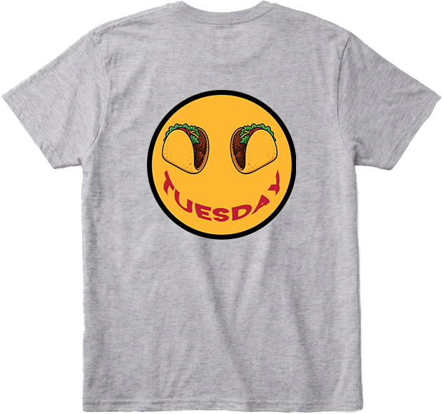 Back view Heather gray t-shirt with a yellow smiley face graphic featuring tacos and the word 'TUESDAY' smile with black trim.