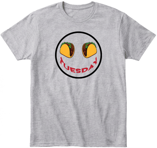 Heather gray t-shirt with a graphic of tacos for eyes and 'Tuesday' text smile.