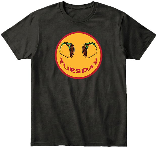 Back t-shirt t-shirt with a graphic of tacos for eyes and 'Tuesday' text smile.