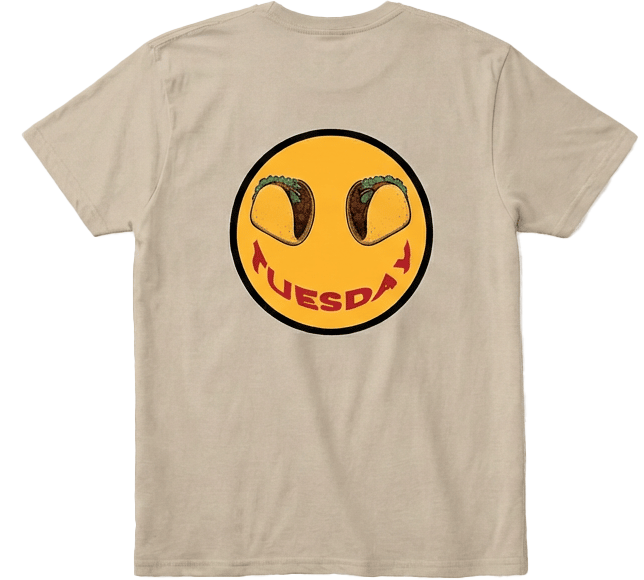  Back view Taco Tuesday t-shirt with large  smiley face design featuring tacos and the word 'Tuesday' smile with black trim.