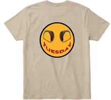  Back view Taco Tuesday t-shirt with large  smiley face design featuring tacos and the word 'Tuesday' smile with black trim.