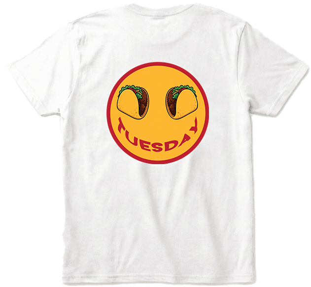 Back view of White  Taco Tuesday t-shirt with a smiley face design featuring tacos and the word 'Tuesday' smile.
