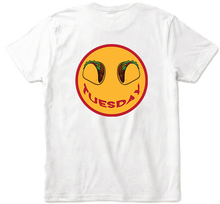 Back view of White  Taco Tuesday t-shirt with a smiley face design featuring tacos and the word 'Tuesday' smile.