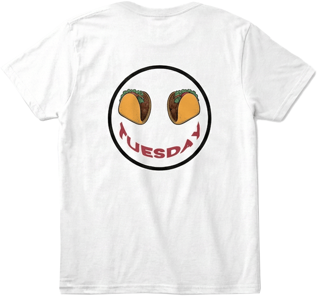 Back view white t-shirt with large Taco Tuesday  graphic design with black trim.