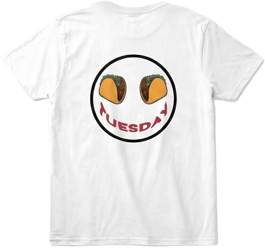 Back view white t-shirt with large Taco Tuesday  graphic design with black trim.