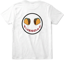 Back view white t-shirt with large Taco Tuesday  graphic design with black trim.