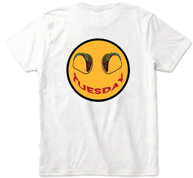  Back view Taco Tuesday  white t-shirt with large smiley face design featuring tacos and the word 'Tuesday' smile with black trim.