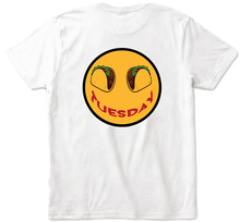  Back view Taco Tuesday  white t-shirt with large smiley face design featuring tacos and the word 'Tuesday' smile with black trim.