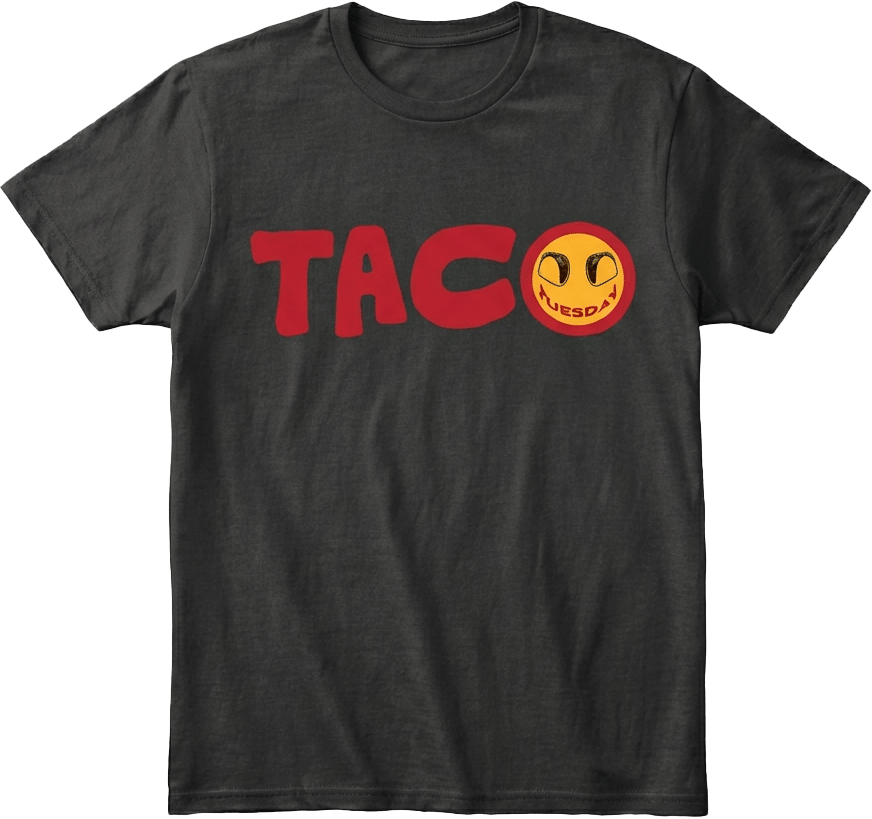 Black t-shirt with red 'TACO' text and a yellow taco graphic on a transparent background.