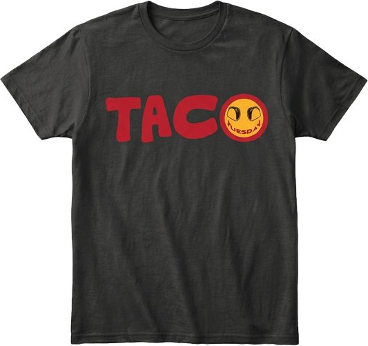 Black t-shirt with red 'TACO' text and a yellow taco graphic on a transparent background.