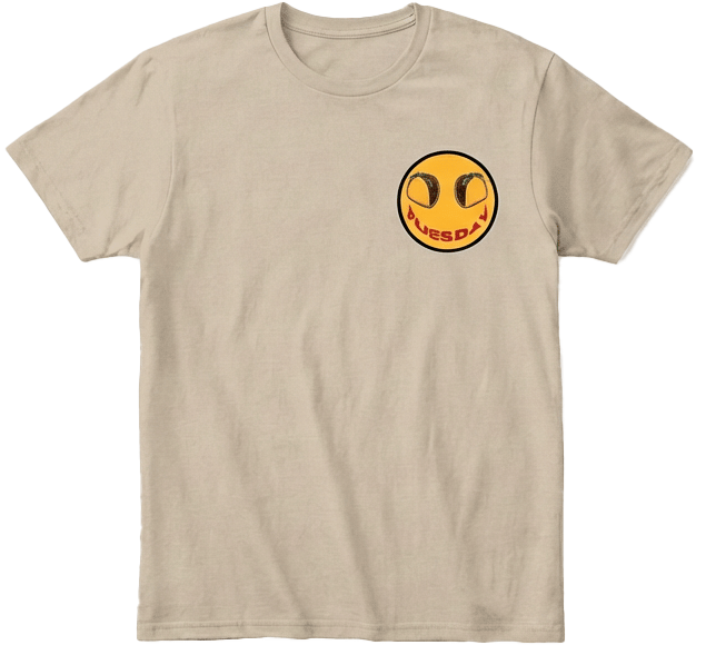 Khaki Taco Tuesday  t-shirt with a left chest yellow smiley face graphic with black trim.