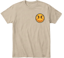 Khaki Taco Tuesday  t-shirt with a left chest yellow smiley face graphic with black trim.