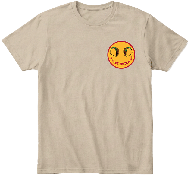  Back view khaki Taco Tuesday t-shirt with large smiley face design featuring tacos and the word 'Tuesday' smile with red trim.