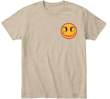  Back view khaki Taco Tuesday t-shirt with large smiley face design featuring tacos and the word 'Tuesday' smile with red trim.
