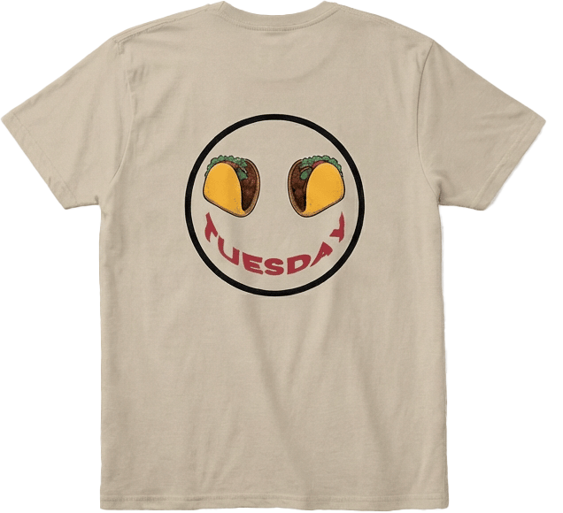 Back view khaki t-shirt with a smiley face made of tacos and 'Tuesday' black trim.