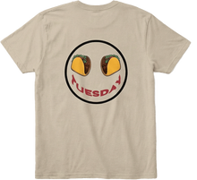 Back view khaki t-shirt with a smiley face made of tacos and 'Tuesday' black trim.