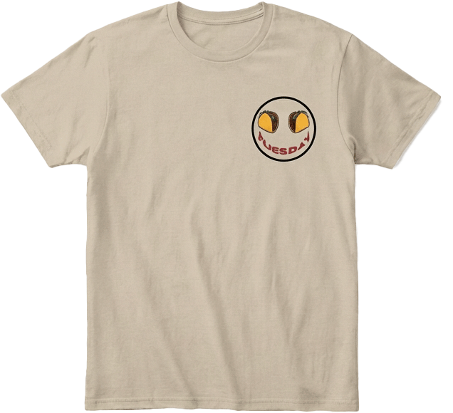 Front view Khaki t-shirt with a graphic design left chest design with black trim.