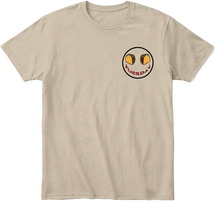 Front view Khaki t-shirt with a graphic design left chest design with black trim.