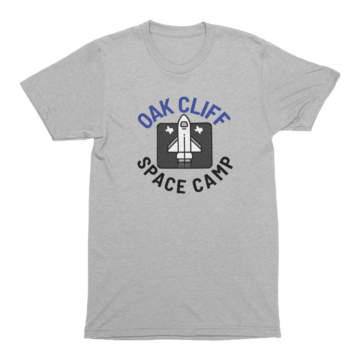Heather gray t-shirt with 'Oak Cliff Space Camp' graphic featuring a rocket with Texas shaped designs beside it on a transparent  background