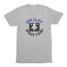 Heather gray t-shirt with 'Oak Cliff Space Camp' graphic featuring a rocket with Texas shaped designs beside it on a transparent  background