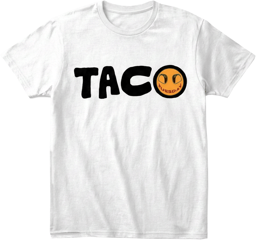 t-shirt with black 'TACO' text and a yellow taco graphic on a transparent background.