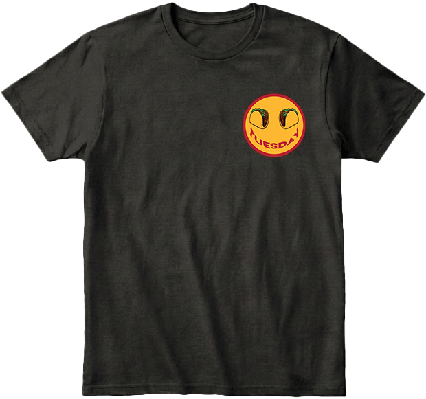Black t-shirt with a left chest logo  smiley face graphic and 'Tuesday' smile. Large print on the back of same design.