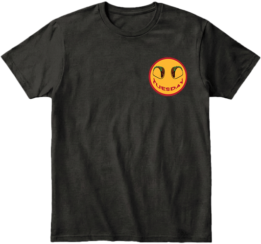 Black t-shirt with a left chest logo  smiley face graphic and 'Tuesday' smile. Large print on the back of same design.