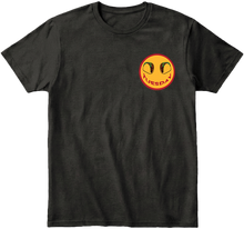 Black t-shirt with a left chest logo  smiley face graphic and 'Tuesday' smile. Large print on the back of same design.