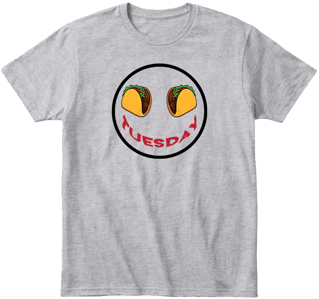 Heather gray t-shirt with a graphic of tacos for eyes and 'Tuesday' text smile.