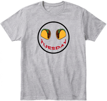 Heather gray t-shirt with a graphic of tacos for eyes and 'Tuesday' text smile.