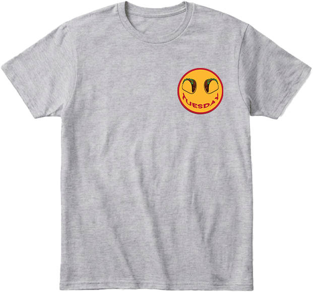 Taco Tuesday heather gray  t-shirt with left chest smiley face design featuring tacos and the word 'Tuesday' smile with red trim.
