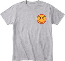Taco Tuesday heather gray  t-shirt with left chest smiley face design featuring tacos and the word 'Tuesday' smile with red trim.