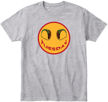 Gray t-shirt with a smiley face design featuring tacos and the word 'Tuesday' on a white background.