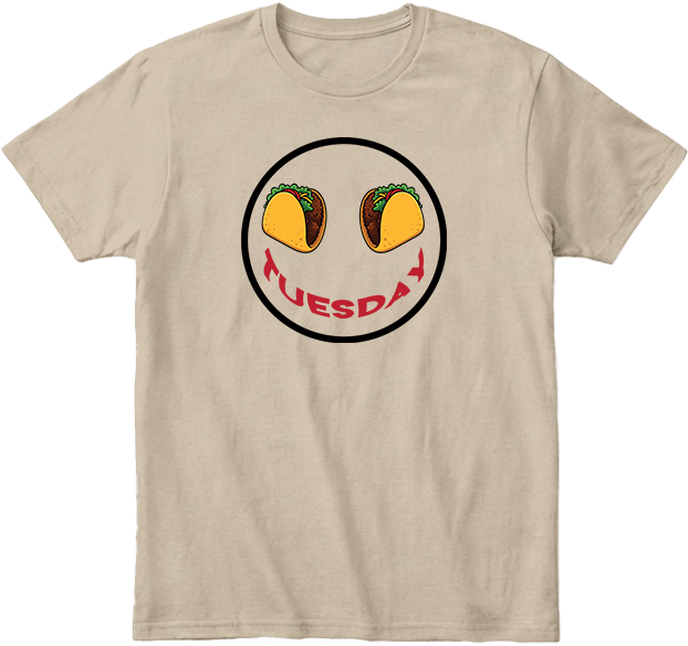 Khaki t-shirt with a graphic of tacos for eyes and 'Tuesday' text smile.