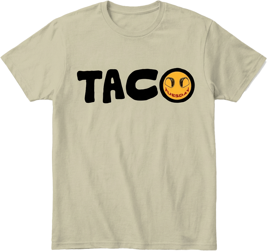 Khaki t-shirt with black 'TACO' text and a yellow taco graphic on a transparent background.