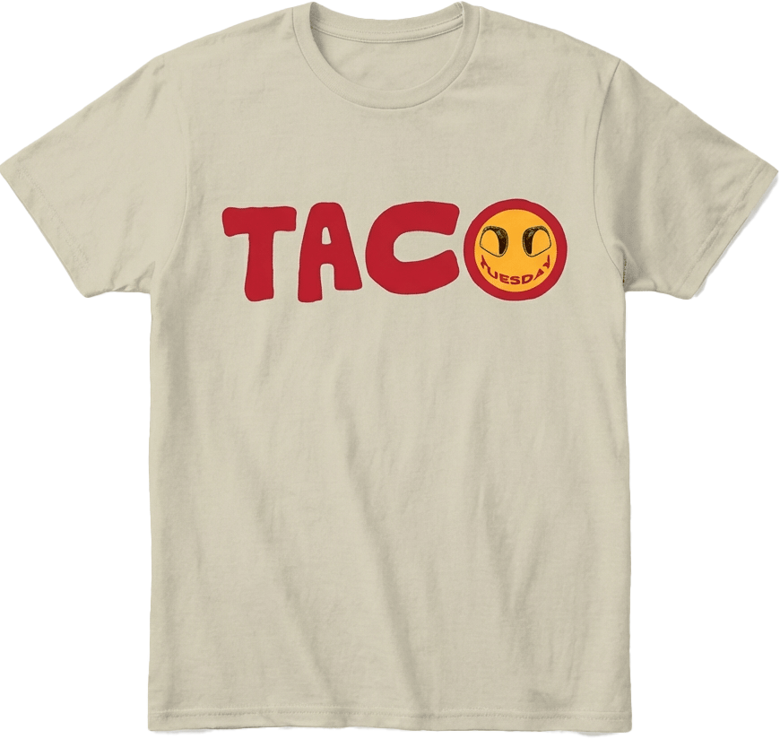 Taco Tuesday  Khaki t-shirt with red 'TACO' text and a yellow taco graphic on a transparent background.