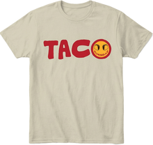 Taco Tuesday  Khaki t-shirt with red 'TACO' text and a yellow taco graphic on a transparent background.