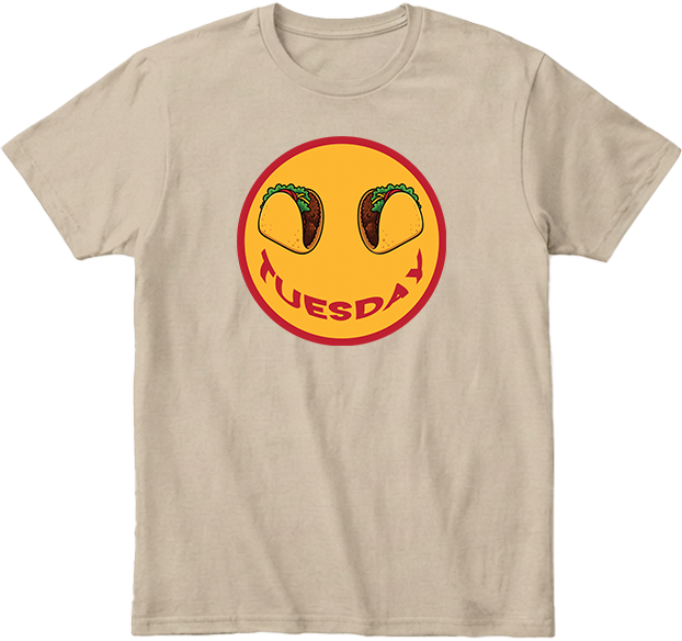 Beige t-shirt with a smiley face graphic featuring tacos and the word 'Tuesday' smiley face.