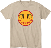 Beige t-shirt with a smiley face graphic featuring tacos and the word 'Tuesday' smiley face.