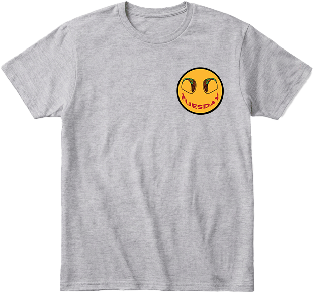  Taco Tuesday heather  t-shirt with left chest smiley face design featuring tacos and the word 'Tuesday' smile with black trim.