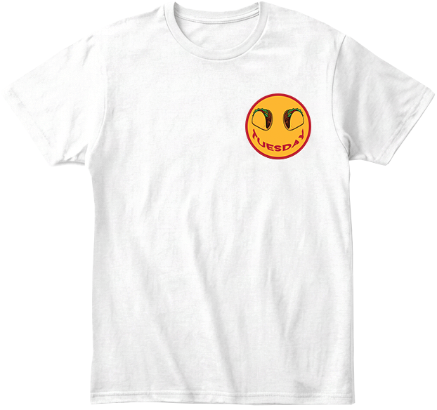  Taco Tuesday t-shirt with left chest smiley face design featuring tacos and the word 'Tuesday' smile.