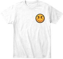  Taco Tuesday t-shirt with left chest smiley face design featuring tacos and the word 'Tuesday' smile black trim around design.