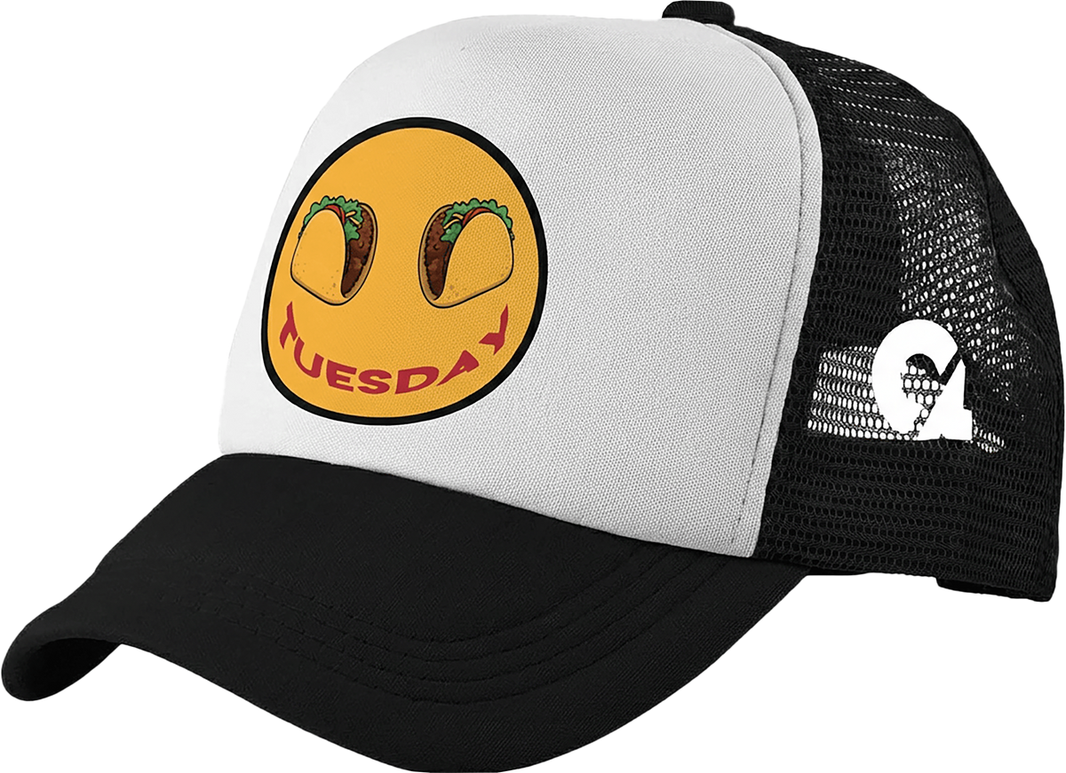 Black and white trucker hat with a yellow smiley face and 'Tuesday' text on a transparent background