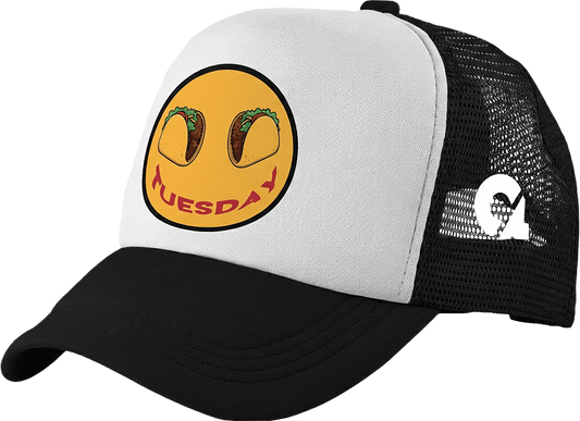 Black and white trucker hat with a yellow smiley face and 'Tuesday' text on a transparent background