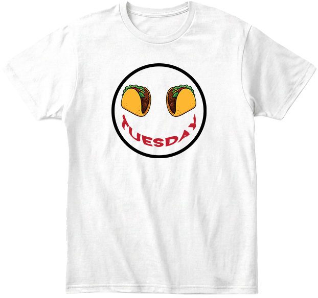 White t-shirt with a graphic of tacos for eyes and 'Tuesday' text smile.
