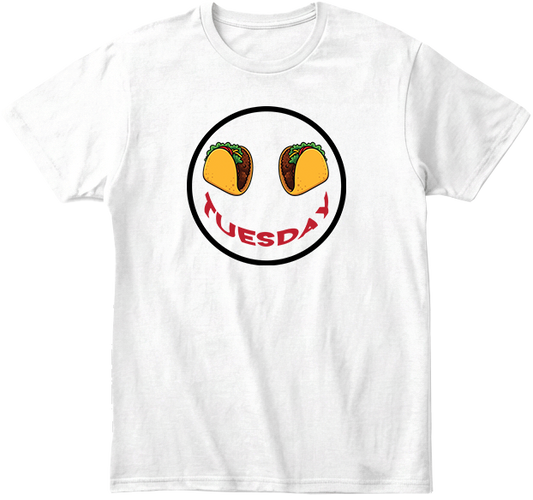 White t-shirt with a graphic of tacos for eyes and 'Tuesday' text smile.