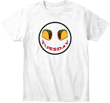 White t-shirt with a graphic of tacos for eyes and 'Tuesday' text smile.