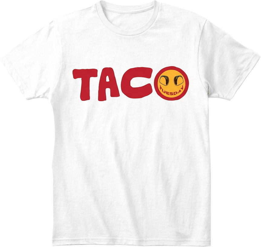White t-shirt with red 'TACO' text and smiley face graphic on transparent background.