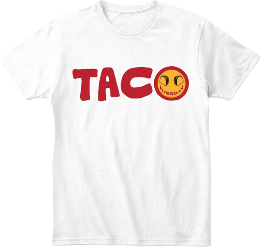 White t-shirt with red 'TACO' text and smiley face graphic on transparent background.
