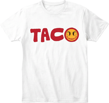 White t-shirt with red 'TACO' text and smiley face graphic on transparent background.